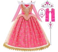 LiUiMiY Fille Déguisement Aurore Costume Maxi Robe Princesse Belle au Bois Dormant avec Accessoires Anniversaire Carnaval Noël, Rose, 2-3 Ans (Étiqueter 100)