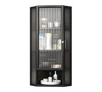 LIUJHGH Armoire d’Angle Murale avec Porte en Verre, Placard de Rangement Suspendu, Organisateur d’Angle Mural en métal Gain de Place pour Petite Salle de Bain, Cuisine, Salon(Noir)