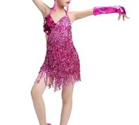 Liujiami Filles Paillettes en Boucle Pampilles Robe de Danse Latine Enfants Salsa Samba Rumba Tango Jazz Carnaval Spectacle Costume de Compétition, Rose 130cm (Tailles Plus Petites)