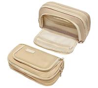 Liujiami Grande Trousse avec 3 Compartiments Étudiant Étuis à Crayons Pochette Bureau Organisateur Papeterie Scolaire Sac à Crayons Pochette à Maquillage pour Filles Garçons Femmes Hommes Beige