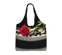 Liulannq Sac à main en toile à une épaule avec rose rouge sur piano, sac à main coloré respectueux de l'environnement peut être réutilisé, super durable et lavable.