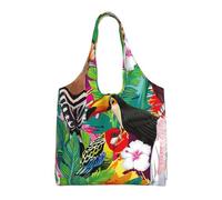 Liulannq Sac à main en toile avec oiseaux tropicaux et feuilles de plantes - Sac à main coloré respectueux de l'environnement - Réutilisable - Super durable et lavable.