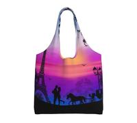 Liulannq Valentine Paris Tour Eiffel romantique Couple Carriage Coucher de soleil Sac en toile colorée Protection de l'environnement Peut être réutilisé, super durable et lavable.
