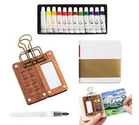 LIULINK Kit Aquarelle, Set Aquarelle Voyage Comprend Boîte a Peinture Bois a 8 Compartiments Carnet Croquis Pinceau des Clips et 12 Pigments Variés, Débutants Portable Watercolor Peinture Set