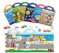LIULINY 6 Pièces Gommettes Repositionnables 3D Livre Ggommettes Imperméable Autocollant Enfant Thèmes Animaux Océan Dinosaures Transports Supermarché Espace pour Jouets Voyage Cadeaux D'anniversaire