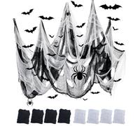 LIULINY 8 PCE 183 x 76 cm Tissu Effrayant d'halloween avec 28 Chauve-Souris | Halloween Deco Effrayant Noir Tissu, Halloween Chiffon Effrayante Gaze 12 Araignée pour Fenêtre Portails Décorations