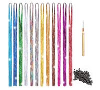 LIULINY Lot de 2400 Mèches de Cheveux Pailletées de 120 cm, 12 Couleurs Extensions de Cheveux Dorées Scintillantes, Hair Tinsel avec Outils Accessoires de Tressage de Hair, pour de Fées Party