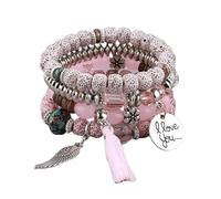 Liumarvexia Bracelet bohème multicouche avec pendentif « I Love You » avec ailes de pompon, bracelet bohème à breloques avec boîte cadeau pour femme, idéal pour l'été, la plage, les fêtes, les fêtes