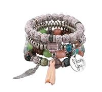Liumarvexia Bracelet bohème multicouche avec pendentif « I Love You » avec ailes de pompon, bracelet bohème à breloques avec boîte cadeau pour femme, idéal pour l'été, la plage, les fêtes, les fêtes