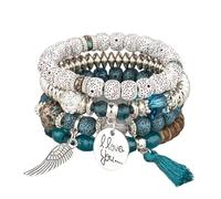Liumarvexia Bracelet bohème multicouche avec pendentif « I Love You » avec ailes de pompon, bracelet bohème à breloques avec boîte cadeau pour femme, idéal pour l'été, la plage, les fêtes, les fêtes