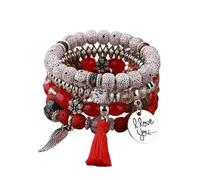 Liumarvexia Bracelet bohème multicouche avec pendentif « I Love You » avec ailes de pompon, bracelet bohème à breloques avec boîte cadeau pour femme, idéal pour l'été, la plage, les fêtes, les fêtes