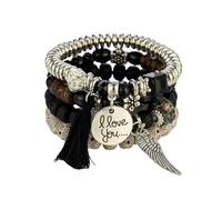Liumarvexia Bracelet bohème multicouche avec pendentif « I Love You » avec ailes de pompon, bracelet bohème à breloques avec boîte cadeau pour femme, idéal pour l'été, la plage, les fêtes, les fêtes