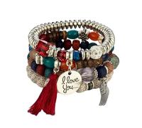 Liumarvexia Bracelet bohème multicouche avec pendentif « I Love You » avec ailes de pompon, bracelet bohème à breloques avec boîte cadeau pour femme, idéal pour l'été, la plage, les fêtes, les fêtes