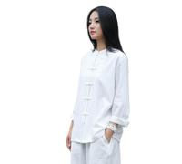 Liumarvexia Chemises traditionnelles chinoises fendues évasées chinoises Tai Chi Kung Fu Zen Rétro grenouille Boucle en coton doux et lin à manches longues pour femme, blanc, S