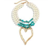 Liumarvexia Collier avec pendentif multicouche exagéré pour femme, perle d'imitation, turquoise, cœur irrégulier, collier délicat pour fête, bijoux tendance punk, adjustable, Autre