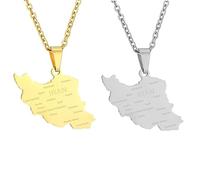 Liumarvexia Lot de 2 colliers avec pendentif carte de l'Iran - Collier classique Hip Hop - Bijoux tendance pour homme et femme, 50cm, Acier inoxydable