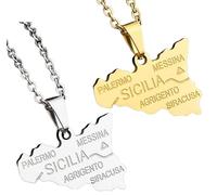 Liumarvexia Lot de 2 colliers avec pendentif en forme de carte de la Sicile - Bijoux fantaisie pour homme et femme - Cadeau pour couple, 50cm, Acier inoxydable