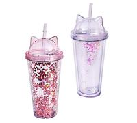 Liummrcy Tasses en verre, bouteille d'eau avec paillette de paille tasse d'eau à double couche tasse de potage à l'eau avec oreille de chat pour fille cadeau 2pcs 400-500 ml rose transparent