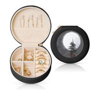 LiuMng Boîte à bijoux en cuir pour femme avec imprimé lune et pin - Petite boîte à bijoux portable pour bague, pendentif, boucles d'oreilles - Noir