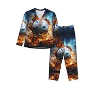 LiuMng Ensemble de 2 pyjamas pour femme, imprimé baseball, vêtements de détente doux, à manches longues boutonnées, pour la maison ou comme cadeau, Noir/blanc, M