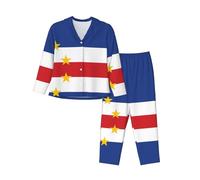 LiuMng Ensemble de 2 pyjamas pour femme, motif drapeau du Cap-Vert, vêtements de détente doux, à manches longues boutonnées, pour la maison ou comme cadeau, Noir/blanc, S