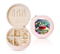 LiuMng Jolie boîte à bijoux en cuir avec impression « Happy Birthday » pour femme, petite boîte à bijoux portable pour bague, pendentif, boucles d'oreilles, rose