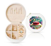 LiuMng Jolie boîte à bijoux en cuir avec impression « Happy Birthday » pour femme, petite boîte à bijoux portable pour bague, pendentif, boucles d'oreilles, blanc