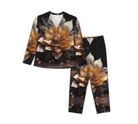 LiuMng Lot de 2 pyjamas XXL pour femme, blanc délicat imprimé fleur de lotus, vêtements de nuit doux à manches longues, pour la maison ou comme cadeau