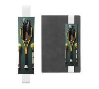 LiuMng Porte-stylo réglable, marque-page avec bande élastique noire, imprimé balles de tennis et raquettes en cuir, pour journal intime, carnet, blanc, Taille unique, Porte-stylo réglable pour
