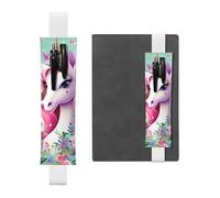 LiuMng Porte-stylo réglable, marque-page avec bande élastique noire, imprimé licorne rose, pochette à crayons en cuir, pour journal et carnet de notes, blanc, Taille unique, Porte-stylo réglable pour