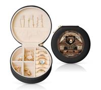 LiuMng Rustic Lodge Bear Boîte à bijoux en cuir pour femme, étui à bijoux portable pour bague, pendentif, boucles d'oreilles, noir