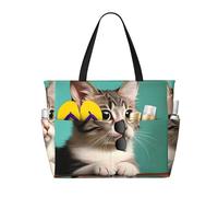 LiuMng Sac de plage grande capacité - Sac de voyage imperméable imprimé un chat curieux multi-poches fourre-tout pour les vacances, la salle de sport pour femmes