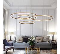 LIUNJHUY Lampada Sospensione LED Luci Soggiorno Moderna Regolabile Altezza Luce Pendente Dimmerabile Anello Metallo Lampadario Acrilico Plafoniera Hotel Restaurantlight Illuminazione Della Hall d'oro