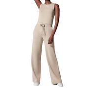 LIUPONHU Women's Loose Casual Wide Leg Jumpsuits,Sleeveless Solid Color Romper with Pockets,Summer Fashion Travel Outfits (Beige, M)