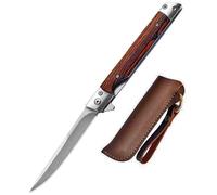 Lius Group Petit Couteau de Poche Pliant - Manche en Bois M390, Tranchant à Une Main, Portable pour l'Extérieur, Chasse EDC Antidérapant - Étui en Cuir Inclus