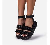 LIUsj JUNST Femmes String Chaîne Métal Bout Ouvert Plate-Forme Compensées Sandales Boucle Respirant Cheville-Sangle Fermeture Pente Confort Été Extérieur Plage Sandale Chaussures,Noir,38