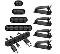 LIUW-8Pcs Attache Cable Adhesif Pour Cable Management, 4 Rangement Cable Et 4 Clips Cable Long, Pour Tv, Pc, Ordinateur Portable, Bureau, Noir