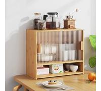 LIUWOPA Organiseur de station à café à 2 niveaux, porte coulissante en acrylique, support de tasse en bois, armoire de rangement avec poignées en métal, pour la maison et le bureau (bois, 3 couches)