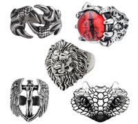 LIUYIDM 5 Pièces Bagues CrâNe Homm, Réglables Bague Tete de Mort, Acier Inoxydable Rock Skull Anneaux, Style Rétro Gothique Crâne Bijoux, pour Homme Fête à Thème D'Halloween(B)
