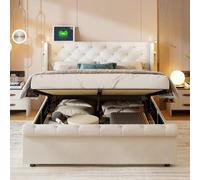 Liuyoyo Lit Double, 140 x 200 cm, lit tapissé en Tissu Velours avec Port USB et lumières, Lits hydraulique à Design touffeté avec Rangement sous, Cadre à Lattes en Bois, Beige (140 x 200 cm)