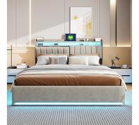 Liuyoyo Lit rembourré, 140 x 200 cm, avec éclairage LED, hydraulique, en velours, moderne, avec espace de rangement, chargement USB, lit double avec sommier à lattes, lit pour adolescent, coffre de