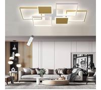 LIUYU Plafonnier LED Salon Moderne Dimmable avec Télécommande, Rectangulaire Design 110x70 cm 80W, Bicolore Blanc/Or, Éclairage Intérieur pour Chambre Salle à Manger