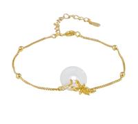 LIUYUYOUGO Argent Sterling 925 Bracelet Bracelet De Naissance En Argent Sterling Pour Femme Motif Donut En Calcédoine Blanche Style Chinois Douze Dieux Floraux Doré Réglable Style Rétro Ethnique