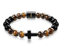 LIUYUYOUGO Bracelet Chakra Bracelet Croix En Perles Pour Homme Pierre Naturelle D'Obsidienne Œil De Tigre Initiale Az Perles Extensibles En Cristal Bracelets De Méditation Prière Yoga Pierres Pré