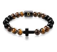 LIUYUYOUGO Bracelet Chakra Bracelet Croix En Perles Pour Homme Pierre Naturelle D'Obsidienne Œil De Tigre Initiale Az Perles Extensibles En Cristal Bracelets De Méditation Prière Yoga Pierres Pré