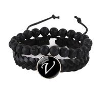 LIUYUYOUGO Bracelet Chakra Bracelet En Cuir Pour Homme Avec Initiales 2 Pièces Perles En Pierre Naturelle Cristal De Lave Noir Breloques Pour Femme Lettres Az Bracelets Tressé Double Couche Bracel