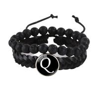 LIUYUYOUGO Bracelet Chakra Bracelet En Cuir Pour Homme Avec Initiales 2 Pièces Perles En Pierre Naturelle Cristal De Lave Noir Breloques Pour Femme Lettres Az Bracelets Tressé Double Couche Bracel