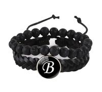 LIUYUYOUGO Bracelet Chakra Bracelet En Cuir Pour Homme Avec Initiales 2 Pièces Pierres Naturelles Cristal De Lave Noir Breloques Lettres Az Bracelets Double Couche Tressé Manchette Bijoux Lettre B