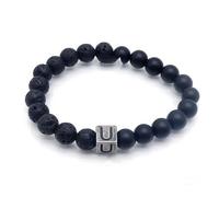 LIUYUYOUGO Bracelet Chakra Bracelet En Perles De Cristal D'Agate De Lave Noire En Pierre Naturelle Lettres Az Perles Extensibles De 8 Mm Bracelets Initiales Bracelet À Breloques Carré Vieilli Bijo