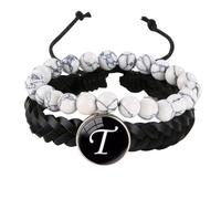 LIUYUYOUGO Bracelet Chakra Lot De 2 Bracelets En Cuir Pour Homme Avec Initiales En Pierre Naturelle Blanche Et Turquoise Breloques Avec Lettres Az Double Couche Tressée Bijoux Avec Lettre T